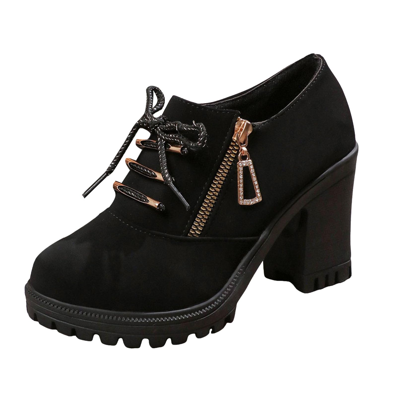 Chunky High Heel Ankle Boots for Women Suede Comfortable Round Toe Short Booties Non Slip Lug Sole Outdoor