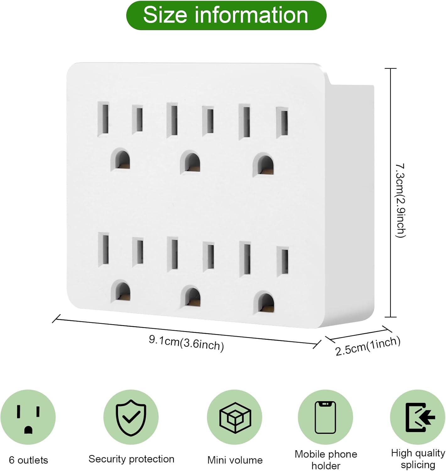 6 Outlet Wall Adapter, FiiMan UL Listed 3-Prong Grounded Outlet to The Side, Wall Plug Side Access Adapter, 6 Way Outlet Extender Tap, White (2 Pack)