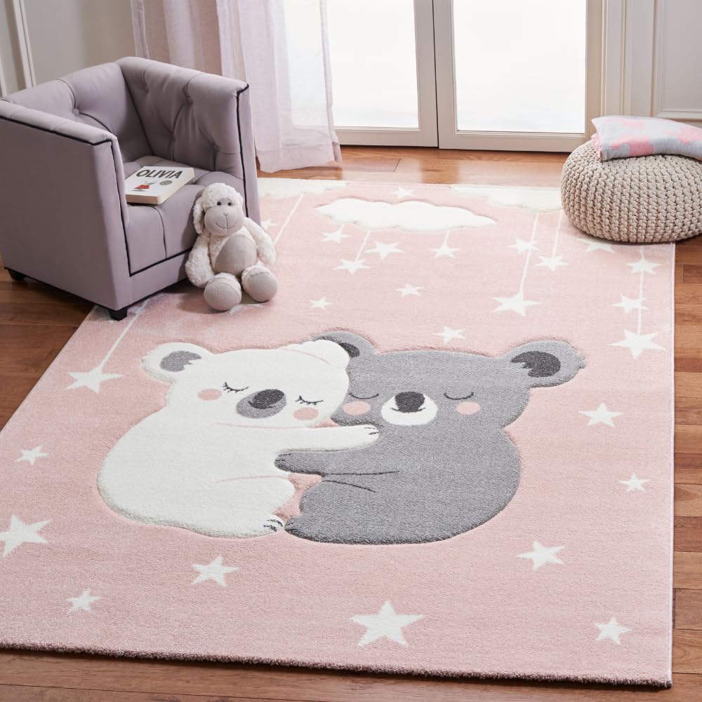 SAFAVIEH Carousel Kids Collection Area Rug - 6'7" x 9', Pink & White, Koala Design, Non-Shedding & Easy Care, Ideal for High Traffic Areas for Boys &
