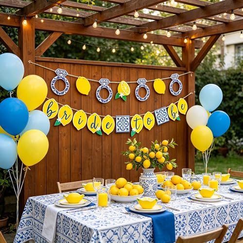 Image of Lemon Bridal Decorations Capri Lemon Engagement Banner Blue Tiles And Bride to Be Banner Fruit Theme Bachelorette Party Decoration