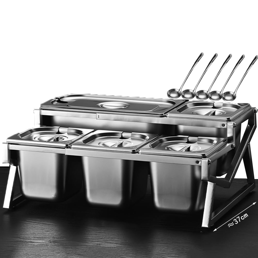 Soporte de cocina de acero inoxidable de 10 sartenes Set organizador de especias con tapas cucharas, 2 fila encimera inclinada estante de condimento, buffet contenedores titular para