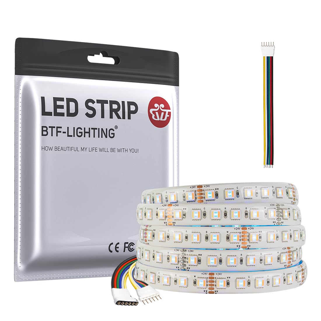 5in1 RGBCCT 5050 5M 96LEDs/m 480LEDs RGB+Cold White+Warm White LED Strip DC24V Ip65 Waterproof White PCB 5 Colour in 1 LED for Room Home Decoration(Strip Only)
