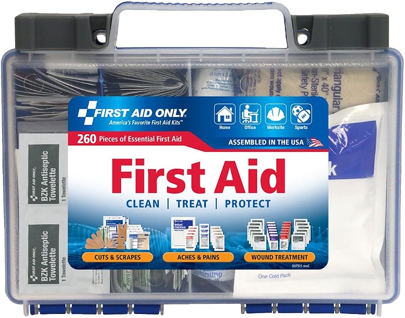 First Aid Only 91248 Botiquín de primeros auxilios compatible con OSHA, botiquín de primeros auxilios de emergencia multiusos para 50 personas para negocios, lugar de trabajo, hogar y automóvil, 260 piezas