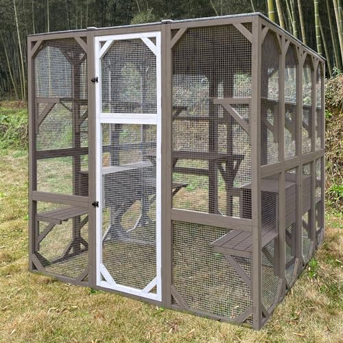 Gowoodhut Outdoor Catio Cat Enclosures - Wooden Cat House Weatherproof with Multi Platforms & Lounge Boxes,Combined- 71 Inch