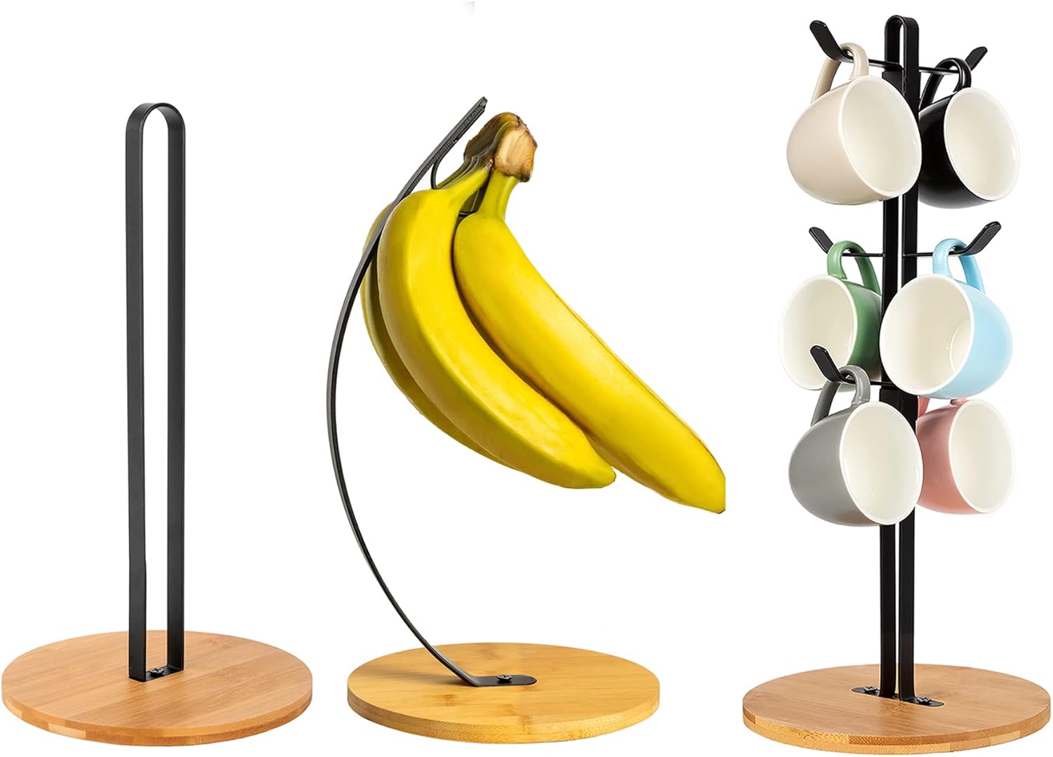 [3 Set] Minimalist Design Bamboo Base Countertop Stand (Paper Towel Holder + Banana Hanger + Coffee Mug Stand)