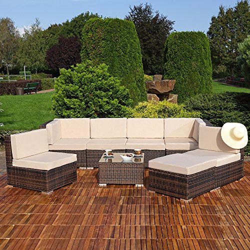 Melko Garten Ecksofa Polyrattanlounge Sitzgarnitur Gartenlounge mit Kissen, Verbindungsclips und Schraub-Ausgleich-Standfüße