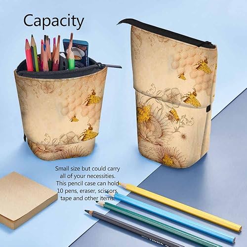 Miniatura 4 de Swono Honey Bees Wildflowers Estuche para lápices Retro Grabado Sombreado Stand Up Estuche Organizador Portalápices Bolsa de Cosméticos para Mujeres