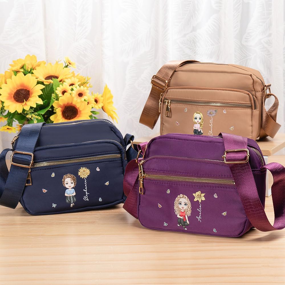 CALLIE Crossbody Bag with Custom Cartoon Character Birth Flower - Personalized Nylon Shoulder Bag for Women, Birthday Gifts Valentines Day Gifts for Her