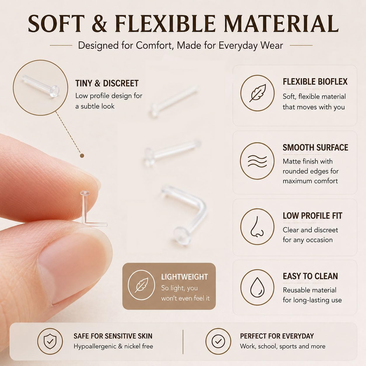 PiercingArt 36Pcs 20G Clear Plastic Nose Studs and Retainers | Tiny, discreet ring style options with flat backs, ball tops, L-shaped, hook and corkscrew for work, sports and MRI