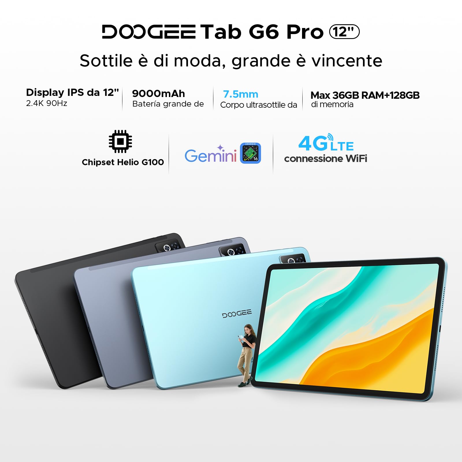 DOOGEE Tab G6 Pro Tablet 12 Pollici, Tablets Android 16, 90Hz 2.4K 36GB RAM+128GB ROM/TF 2TB, Helio G100 Octa-Core PC con sim, 4G LTE/5G WiFi/9000mAh/Gemini AI/13MP+8MP/OTG/FACE ID/Doppi altoparlanti