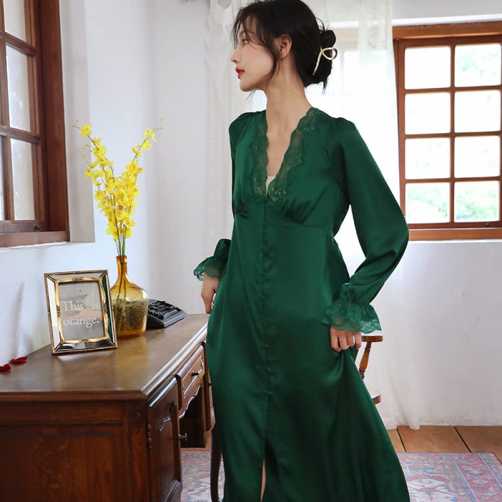 Nachthemd Damen,Damen-Nachthemden Dunkelgrün Satin V-Ausschnitt Spitze Knopf Schlitz Sexy Schlafhemd Weiche Bequeme Lange Ärmel Nachthemd Loungewear Für Damen Mädchen Pyjama Party Weihnachtsnach