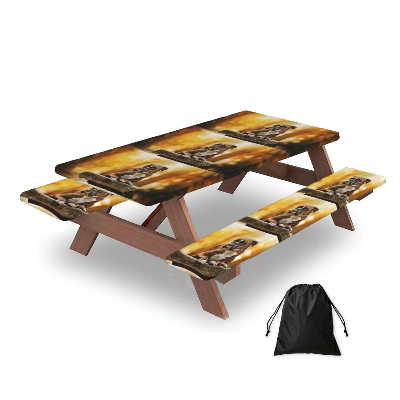 Dopklna As Picture Boxer Dogs Autumn Pets Brown Boxer Dogs, Picnic Table Cover With Bench Covers -Waterproof Elastic Fitted Tablecloth For Garden Camping Patio 76X152cm