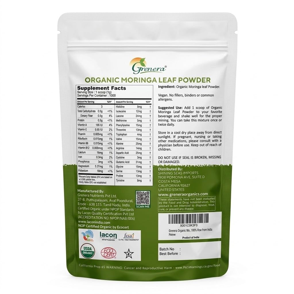 Grenera Organic Moringa Powder | Moringa Oleifera Leaf | Plant Based Ingredient | Lab Tested for Quality | Easy Mix for Smoothies, Drinks & Recipes | from Organic Farms in India | 2.2 lbs (1 kg) — Amazon image 8