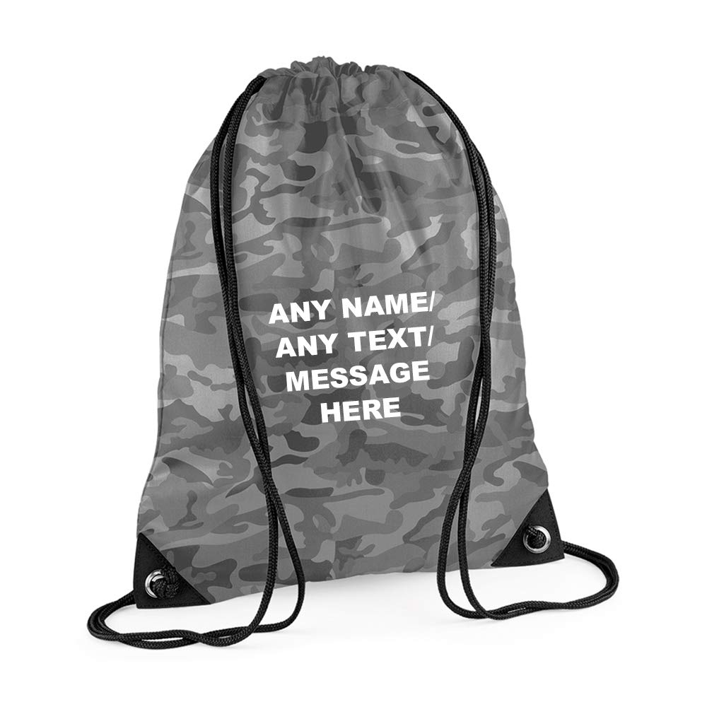Getagift Boys Jungle Camo Personalised With Your Own Any Name/Message/Text Premium Drawstring Bag, Pe Gym Kit School, Swimming, Birthday/Secret Santa, Pe Kids Sport Rucksack. (Jungle Camo)