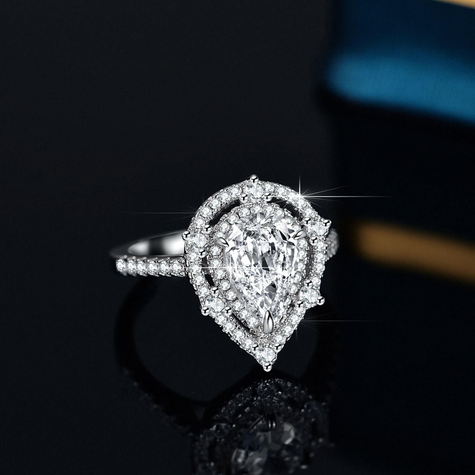 Anillos de boda para mujer, anillos de compromiso, oro auténtico con moissanite de 2 quilates, oro blanco, forma de gota, anillo Halo para mujer