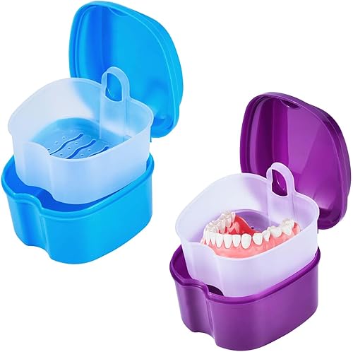 Miniatura 99 de Paquete de 2 cajas de baño para dentaduras postizas, contenedor de almacenamiento con cesta coladora para limpieza de viajes (azul claro y azul)