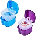 KISEER 2 Pack Colors Denture Bath Case Cup Box Holder Storage Soak Container with Strainer Basket for Travel Cleaning (Light Blue and Purple)