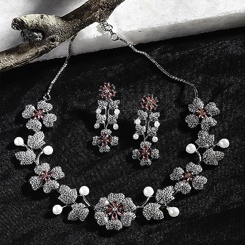 ZENEME Rhodium-Plated Cubic Zirconia Studded Floral Theme Necklace With Earrings Jewellery Set For Girls and Women - Image 3