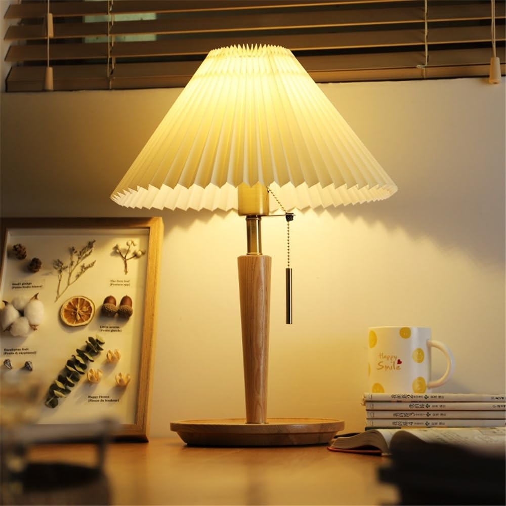 Affascinante Lampada da tavolo in tessuto plissettato in legno, stile retrò, for camera da letto, soggiorno, studio Arredamento per la casa(Natural)