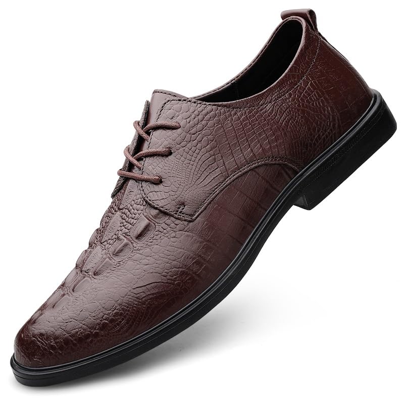 Dress Oxford Shoes for Men Lace Up Round Toe Leather Crocodile Print Derby Shoes Non Slip Block Heel Low Top Slip Resistant Prom(Brown,7.5)4