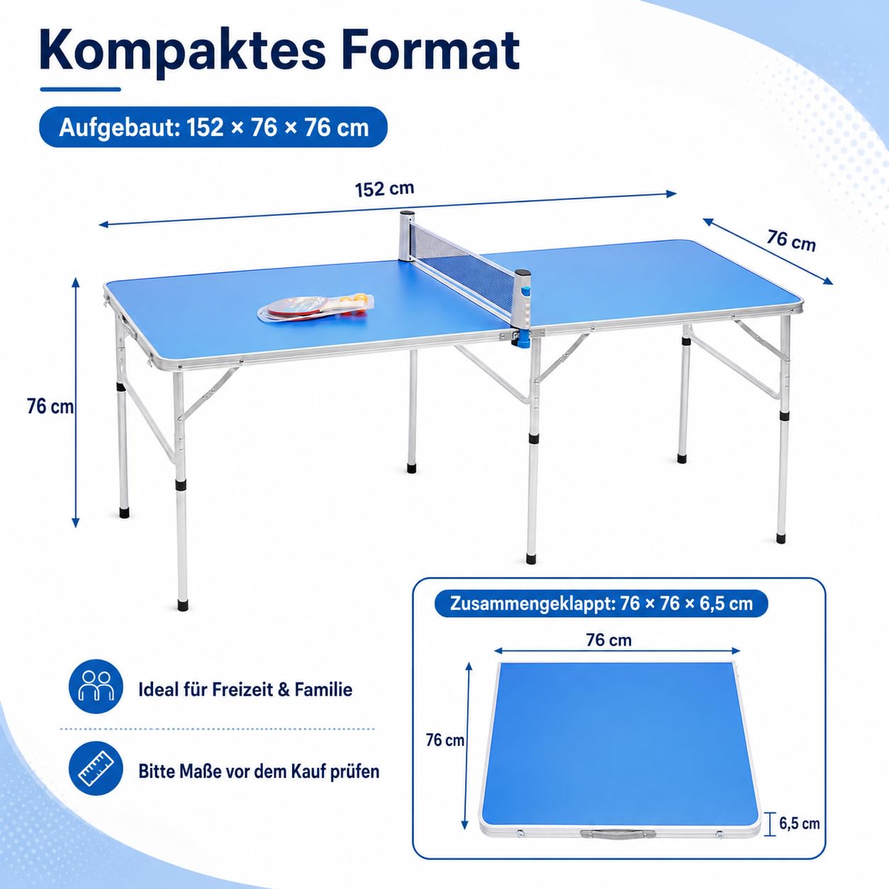 Set di mini tavolo da ping pong, pieghevole, per interni, con rete, 2 racchette e 3 palline, durevole e stabile, gioco per interni ed esterni, per casa e in viaggio (152 x 76 x 76 cm), blu