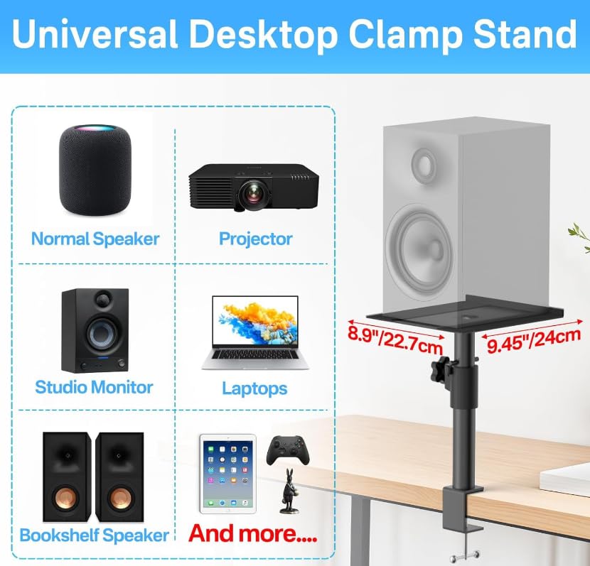 Coyktonty Desk Clip Desktop Bracket Movable Against The Wall Lift Bracket,Desktop Clamp-On Studio Monitor and Speaker Stand with EVA Foam Padded Surface, Angle Adjustable from 0° to 15° (Set of 1)