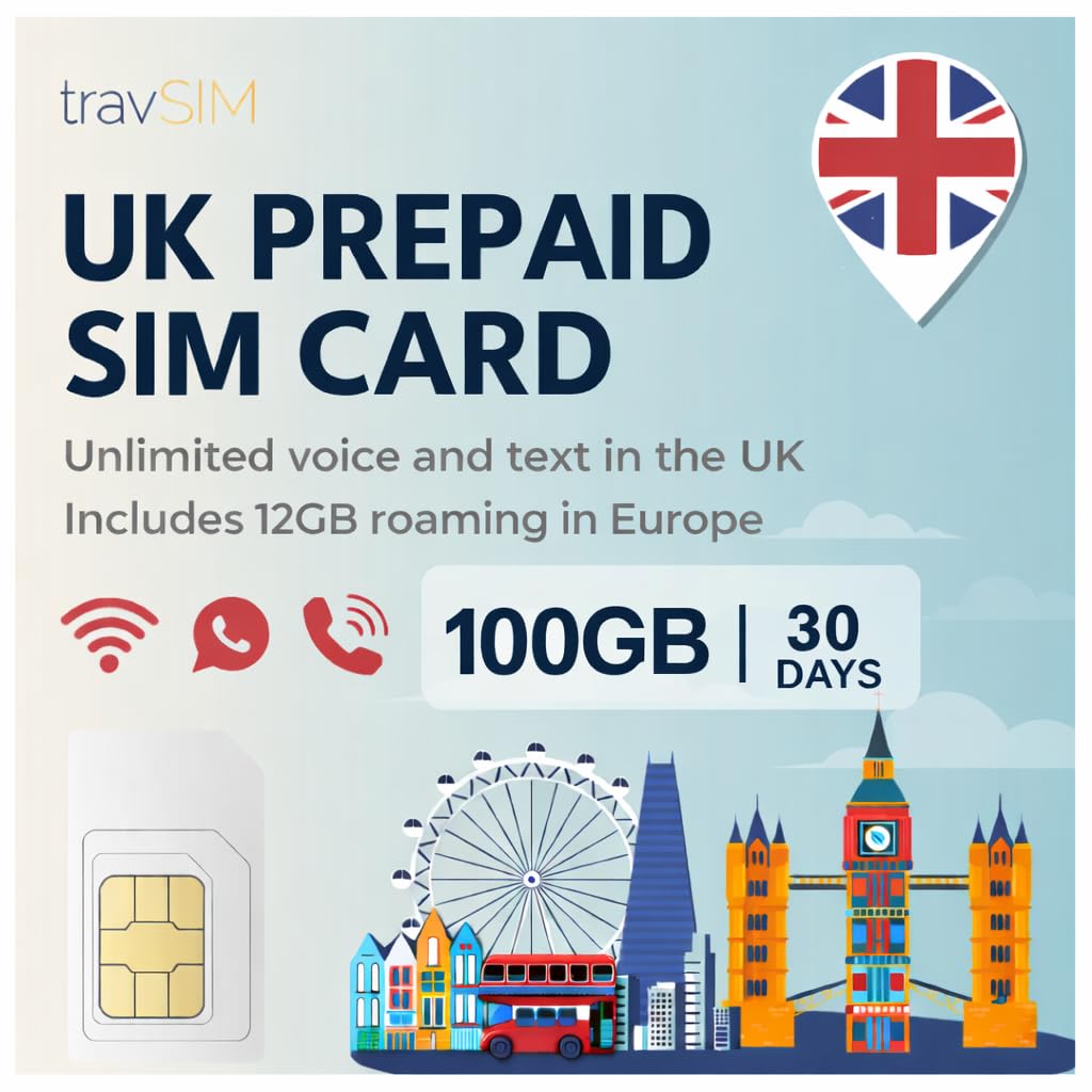 travSIM UK Carte SIM | 75GB de données + Appels & Textes illimités | Vitesses 4G/5G | Fonctionne dans Tout Le Royaume-Uni | La Carte SIM UK est valable 30 Jours