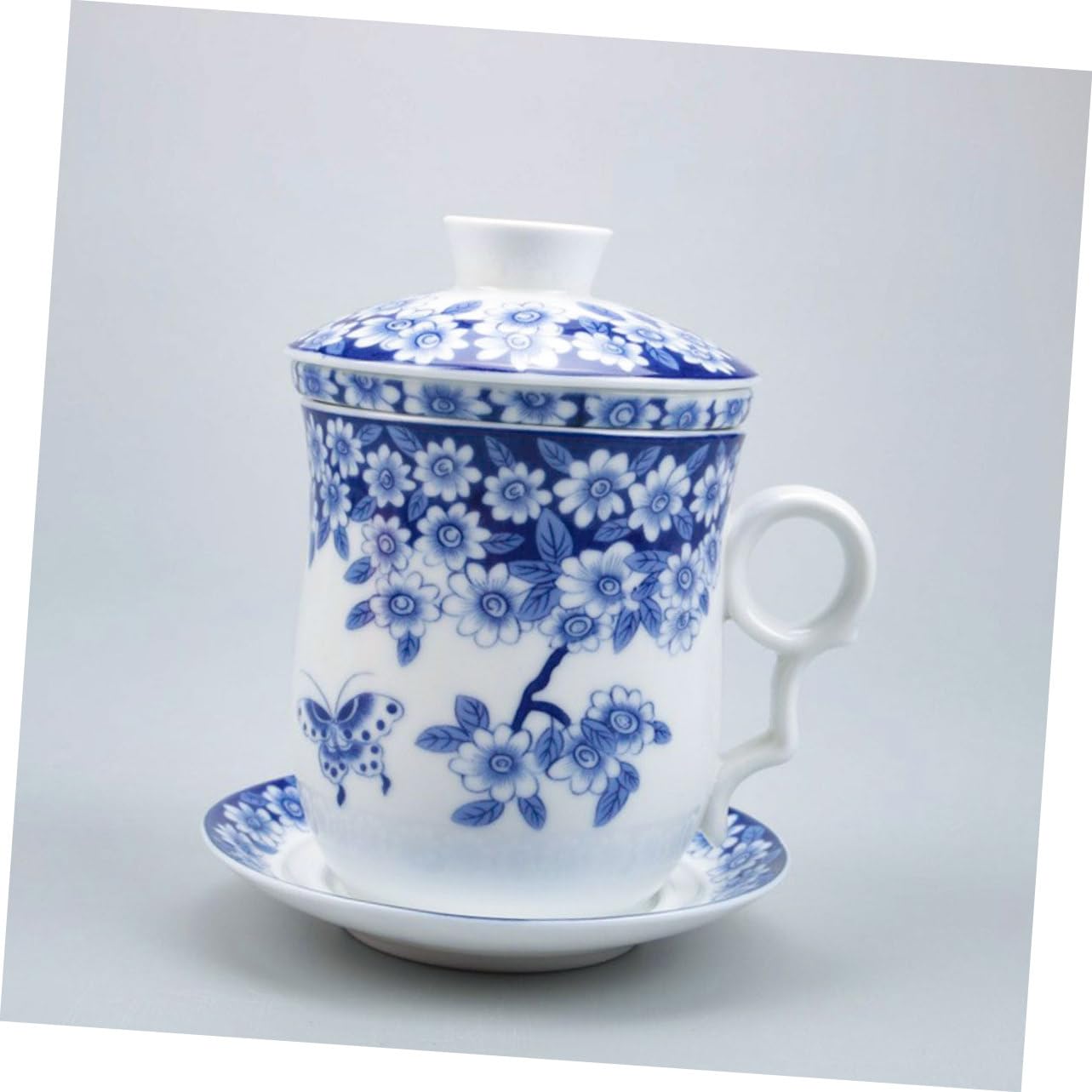 Teetassen Dekorativ und Praktisch Keramik mit Sieb und Untertasse Satz Chinesisches Teegeschirr mit Blauem Ziermuster für Teeliebhaber Zuhause