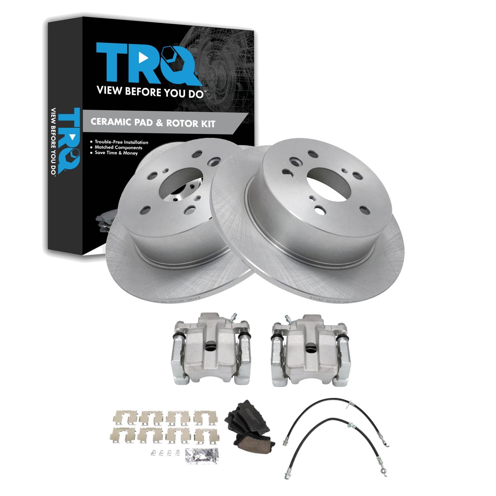TRQ Rear Brake Pad and Rotor Set Ceramic Rotors Calipers Compatible with 2007-2012 Lexus ES350 2008-2012 Toyota Avalon 2007-2011 Camry