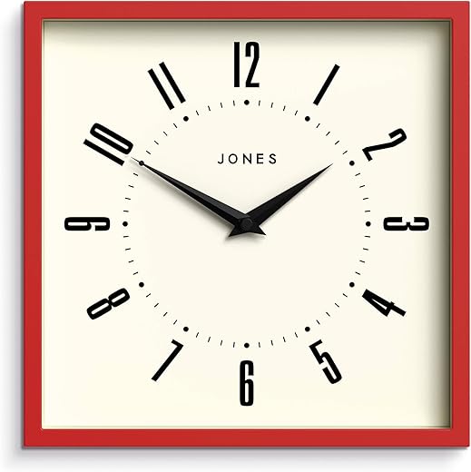 JONES CLOCKS® Box wall Clock | Retro Square | 10 inch | Red | Easy to Read Numbers | Perfect Kitchen or Office Clock