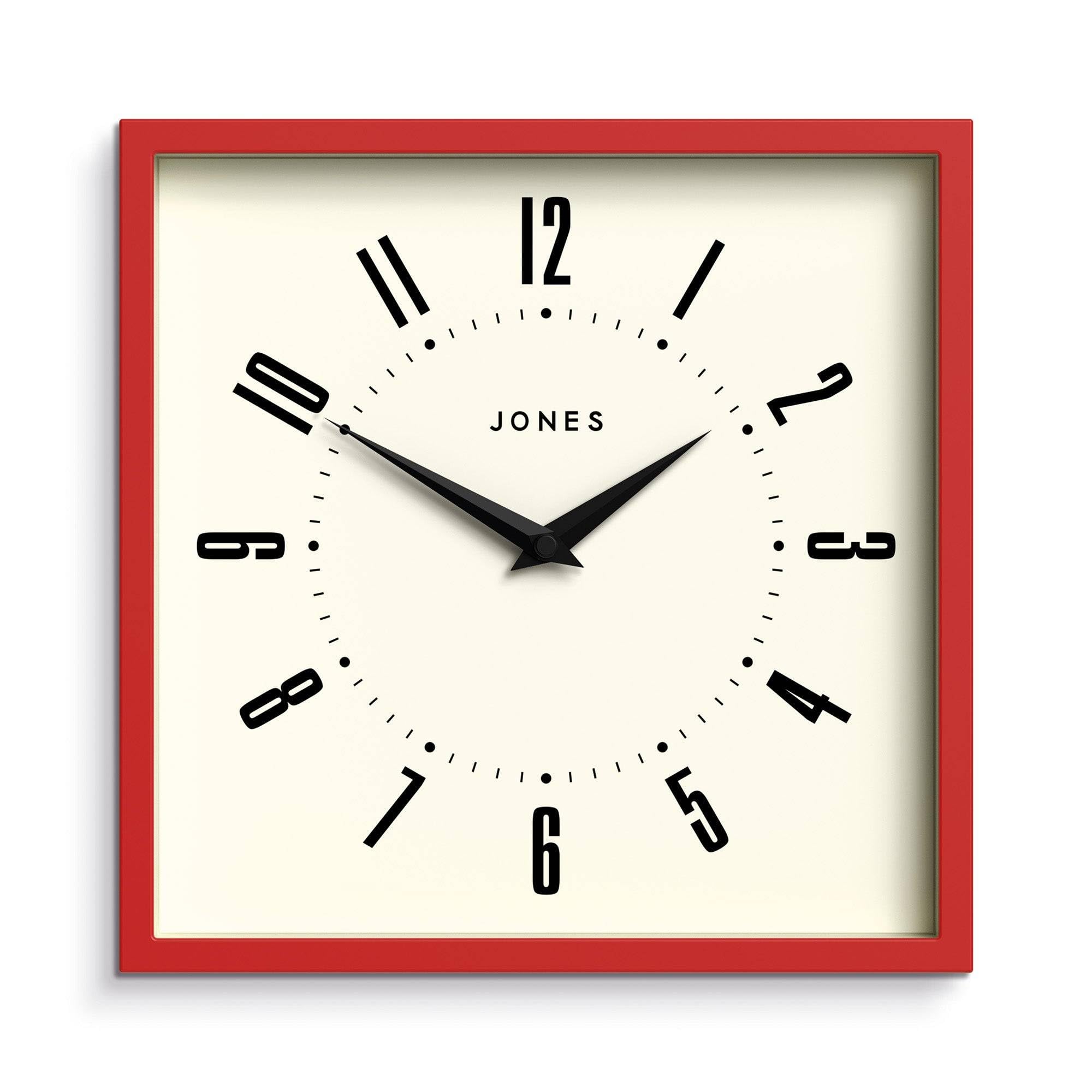 Jones Clocks Red Jones Clocks® Box Wall Clock | Retro Square | 25Cm | | Easy To Read Numbers | Perfect Kitchen Or Office Clock