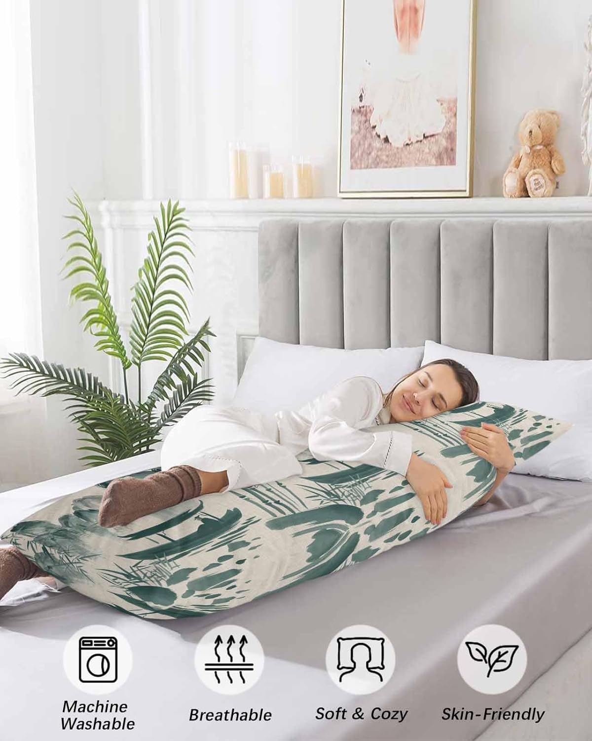 Traditional Chinese Body Pillow Covers 20x54 Side Sleeper Pillow, Plush Soft Comfort for Hair/Skin Cooling Pillowcases with Envelop Closure for Bed Sofa Classic Mountain Floral Boat Painting