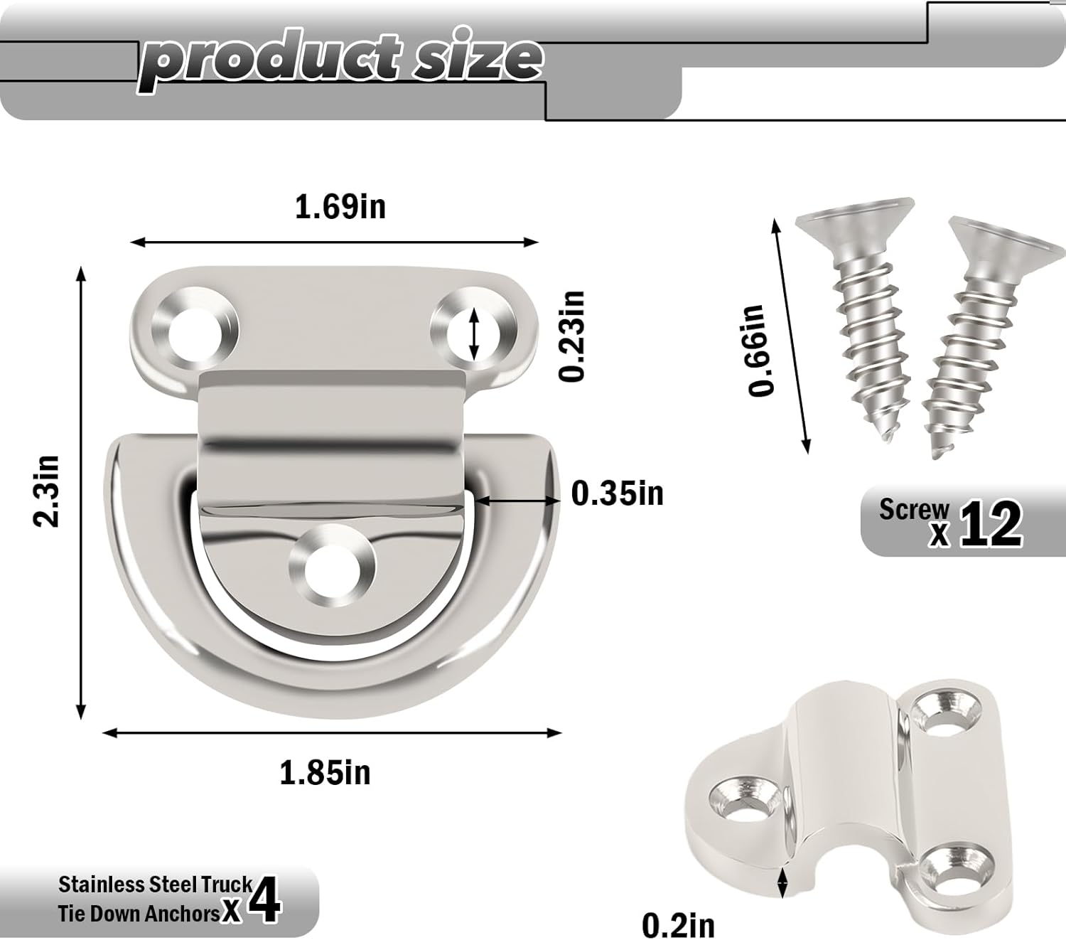 Stainless Steel Truck Tie Down Anchors, Heavy Duty Folding D Ring Hooks with Screws, High Polished Surface Perfect for Truck Bed Upgrade