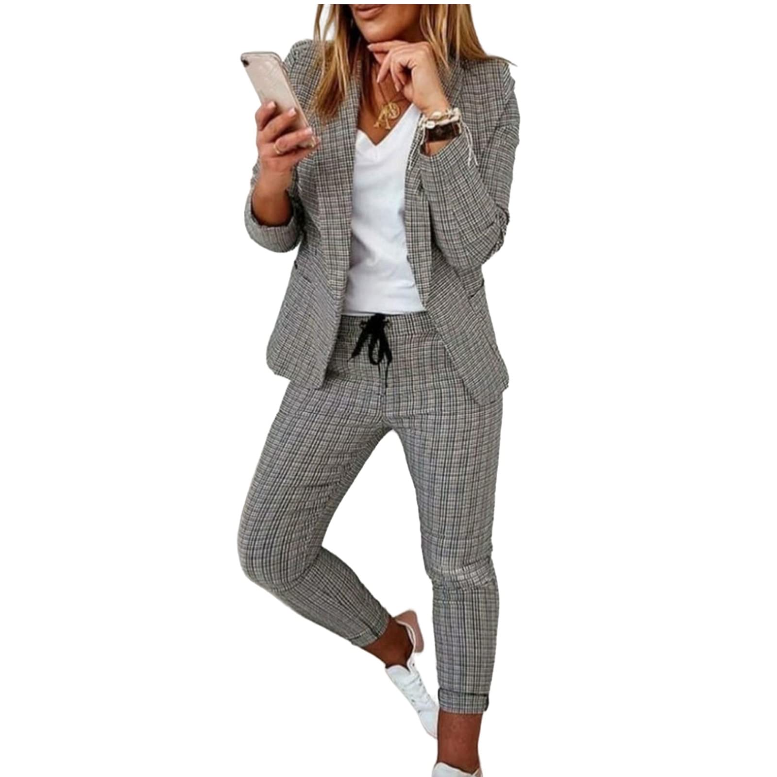 Womens 2 Piece Casual Blazers Open Front Long Sleeve Jackets and Pencil Pants Business Office Suit Set Fall