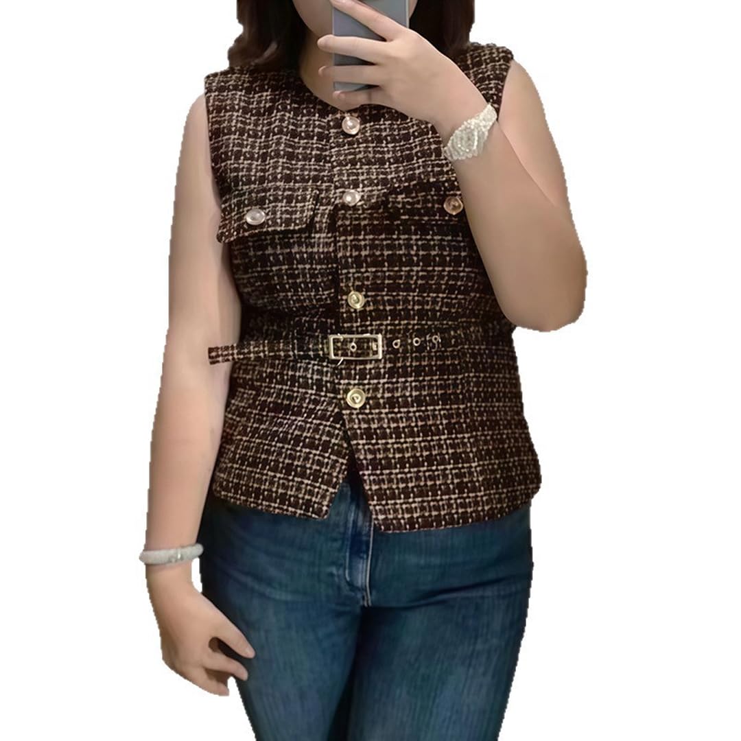 Tweed Blazers Vest for Women Crew Neck Sleeveless Button Down Slim Fit Vest with Belt Fall Winter Outfits
