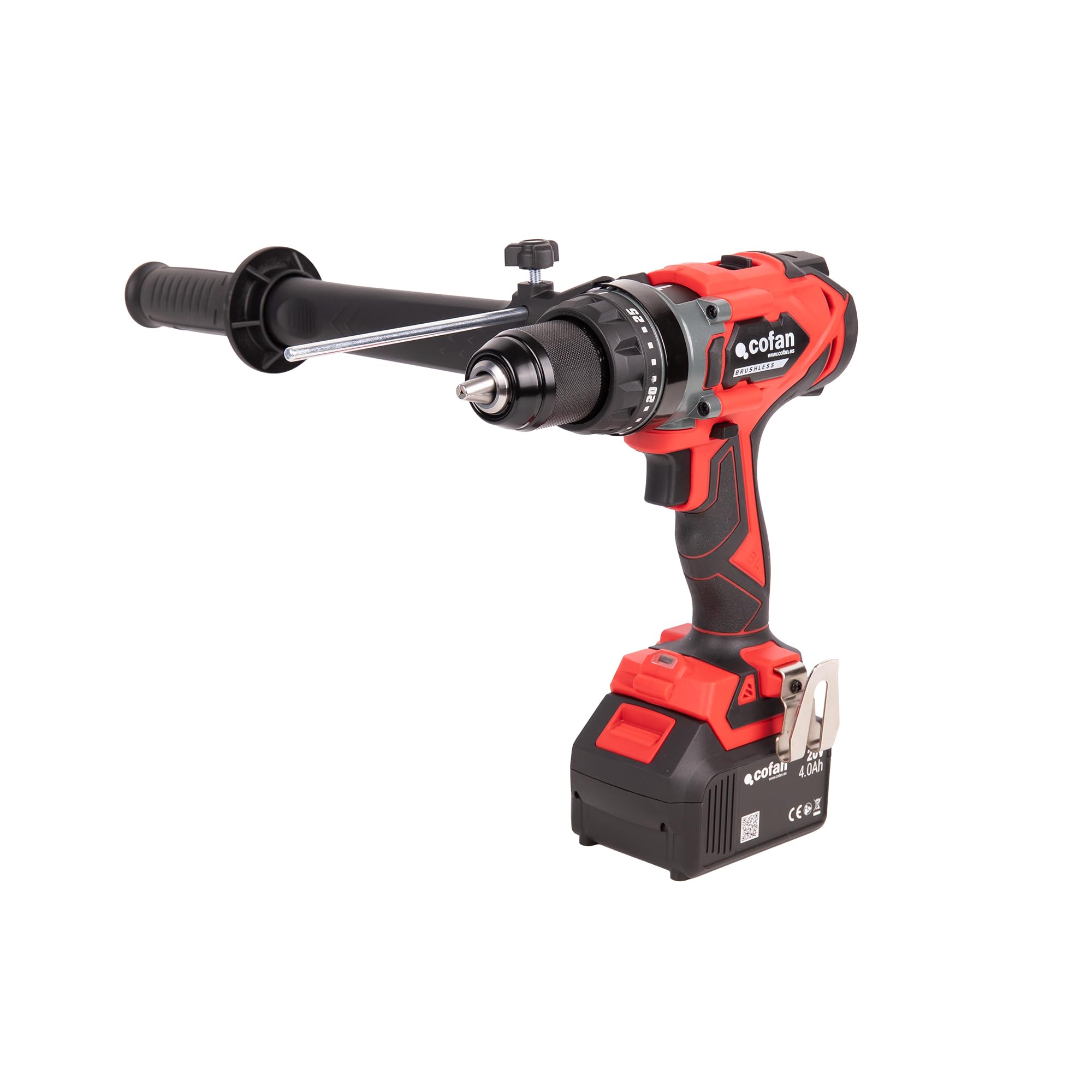 Cofan Taladro percutor a batería | Motor sin escobillas | Potencia: 20 V | Portabrocas 13 mm | 150 Nm, 2000 rpm | 2 velocidades | Percusión 30 000 BPM | Incluye accesorios | Batería y cargador incluid