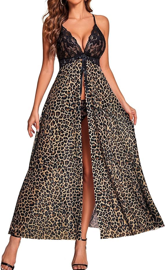 Culture Flossy® Women's Net Lace Long Babydoll Lingerie for Honeymoon Nightwear (Free Size, Leopard)-image-5