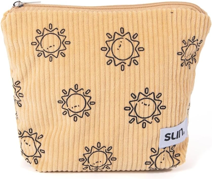 SUN. Makeup bags for Women - Corduroy Cosmetic Preppy Bag Aesthetic with Cute Smiley Faces, Large Capacity Travel Organizer Zipper Pouch for Essentials. - (Yellow)