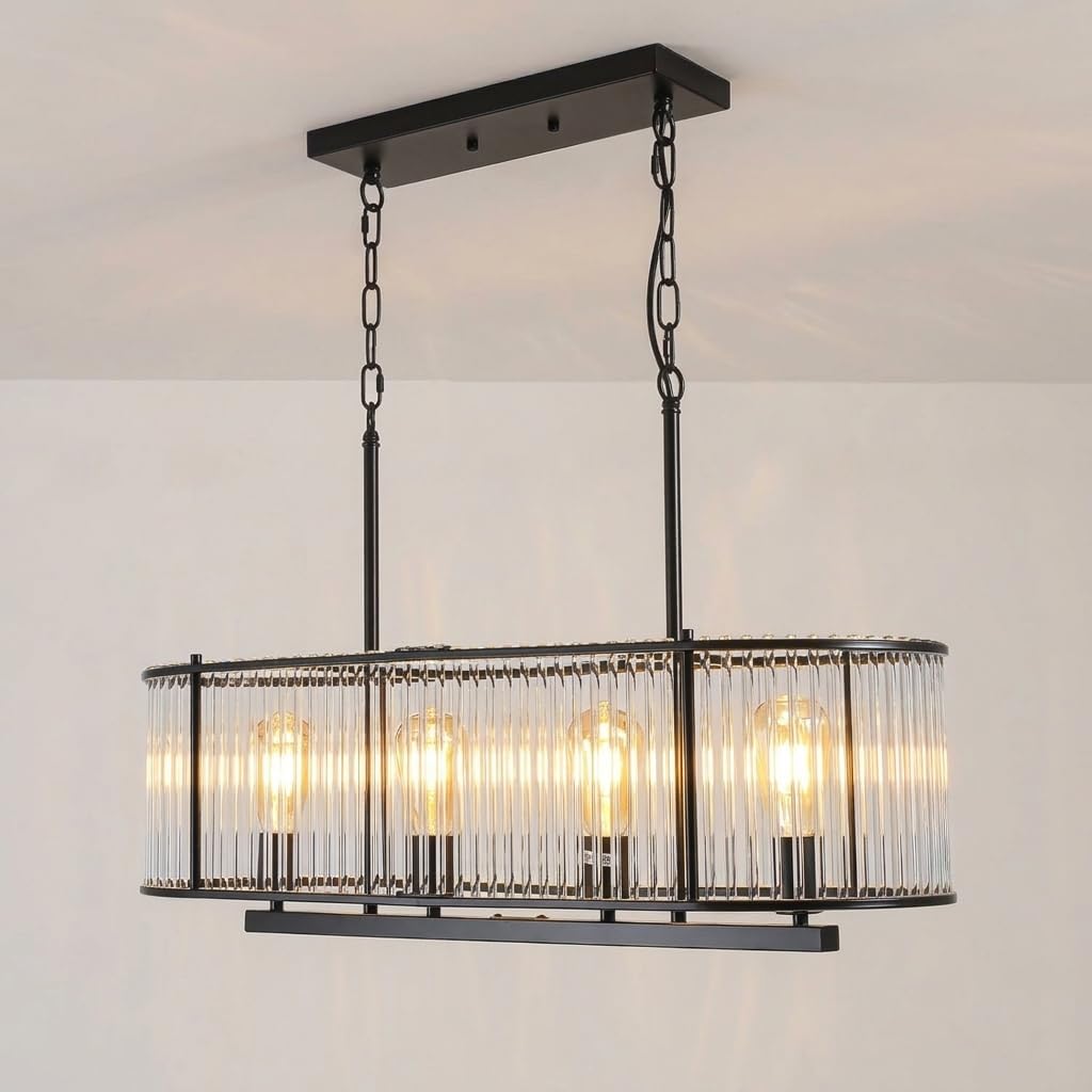 Modern Black Linear Pendant Light, 30.7" 4-Light Rectangular Chandelier with K9 Ribbed Crystal Glass, Industrial Kitchen Island Lighting for Dining Room, Bar, Living Room