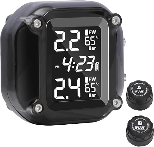 COSTYERT Sistema de monitoreo de presión de neumáticos de motocicleta, TPMS inalámbrico con 2 sensores externos, 7 modos de alarma, IP67