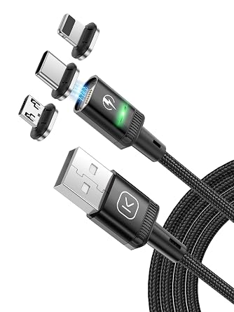 Kuulaa 6.6ft Magnetic Charging Cable USB C,3A Fast Charging/Data Transmission with 3 in 1 Charging Tips Nylon-Braided Phone Compatible for iProduct/Type C/Micro Device Black