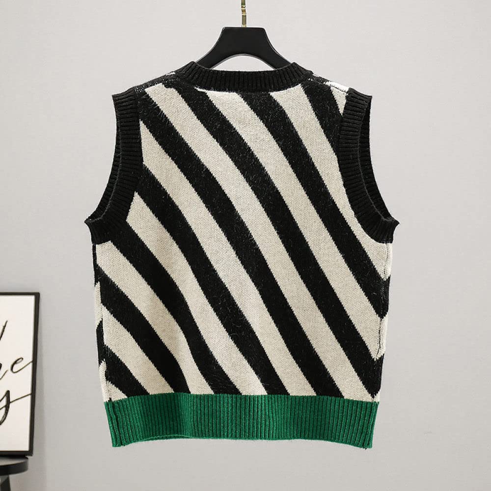 Ärmellose Strickweste Damen,Damen V-Ausschnitt Pullover Weste Retro Schwarz Diagonale Streifen Kurze Mode Ärmellos Strickwesten Weste Preppy Style Jumper Uniform Tank Top