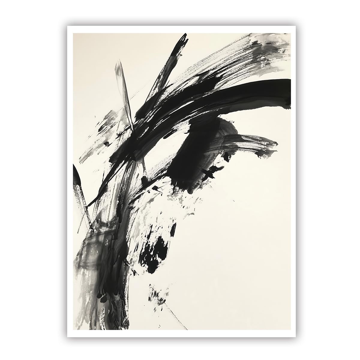 OSHIONARTE Modern Minimalist Canvas Poster Black Ink Abstract Wall Decor Beige Mid-Century Painting Print Artwork for Living Room Office 45x60cm Frameless