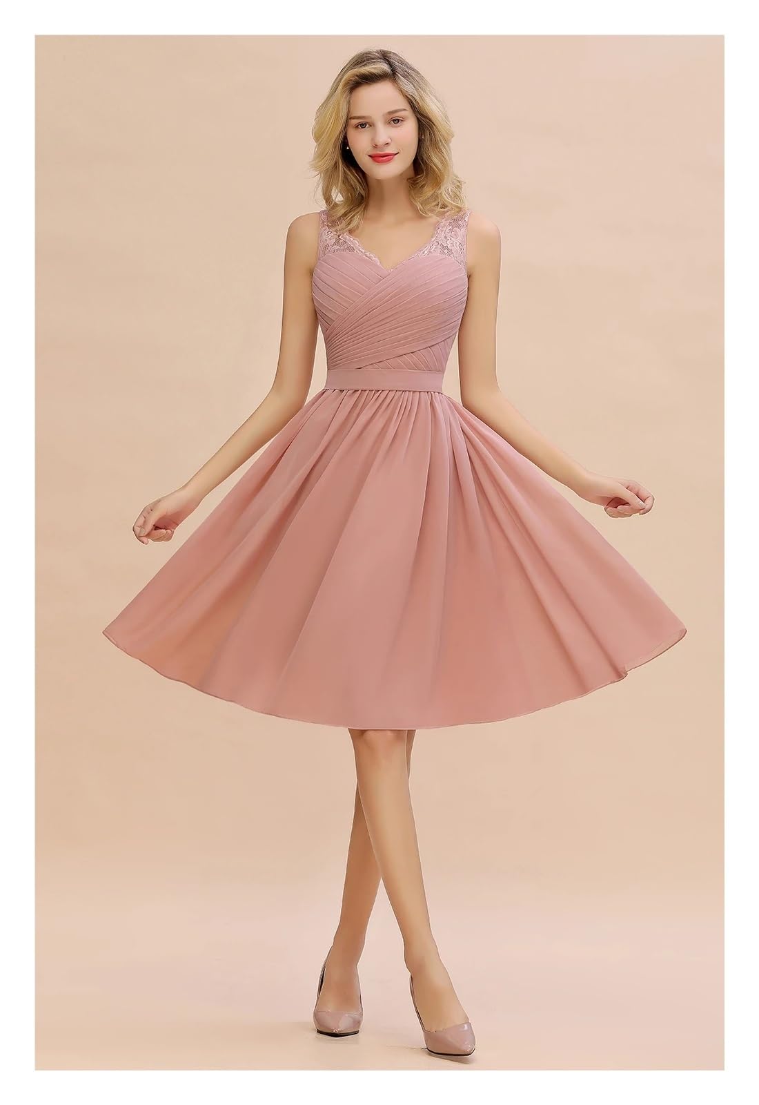 Klassisches Dusty Rose Chiffon A-Linie Brautjungfernkleid for Hochzeitsfeier V-Ausschnitt Ärmellos Spitze Kurzes Abschlussballkleid(Dusty Blue,14)
