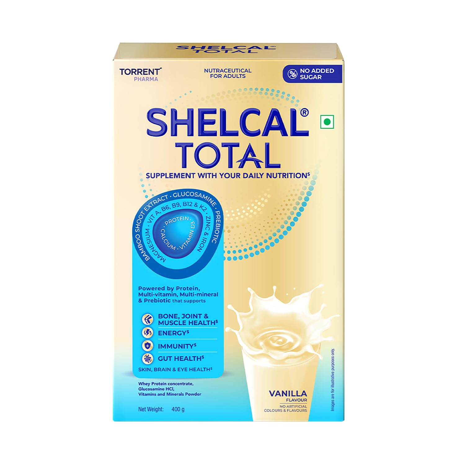 Shelcal Total - Powered by Protein, Multi-Vitamin, Multi-Mineral & Prebiotic supports Bone, Joint & Muscle, Immunity, Gut Health and more - No Added Sugar (Vanilla) 400g - By Torrent Pharma