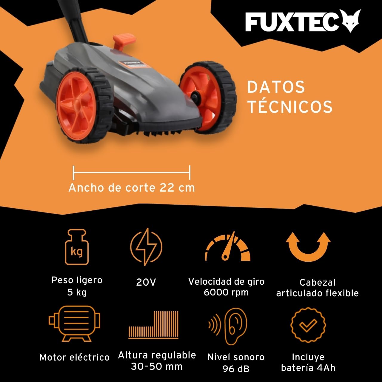 FUXTEC FX-E1RMEH20-SET Cortacésped Inalámbrico Compacto 20 V con Batería y Cargador, Corte de 22 cm, Ideal para Jardines Pequeños