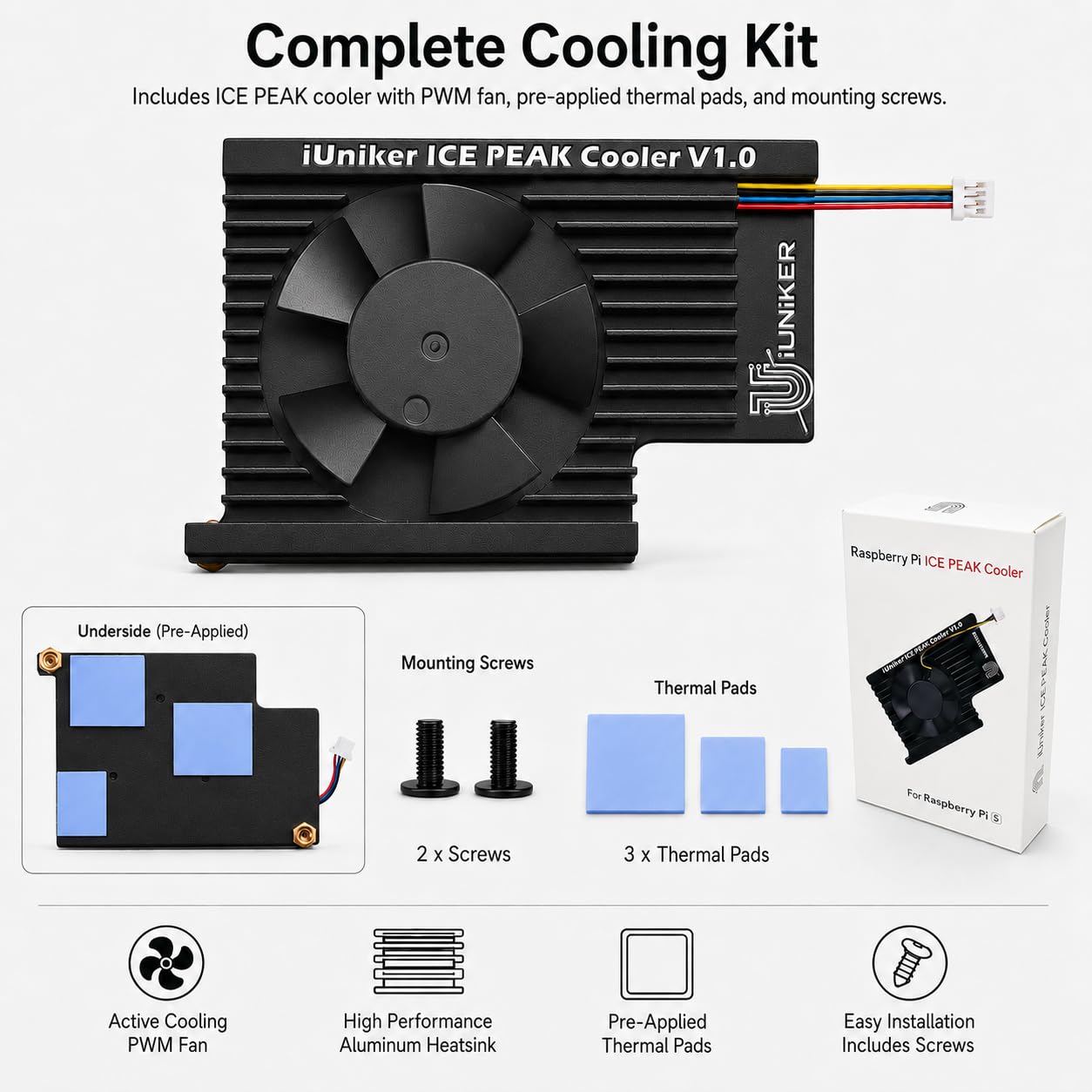 iUniker ICE Peak Active Cooler Compatible with Raspberry Pi 5, Quiet PWM Fan with Aluminum Heatsink, Low-Profile Pi 5 Cooling Fan for 4GB/8GB, Pre-Applied Thermal Pads image 2