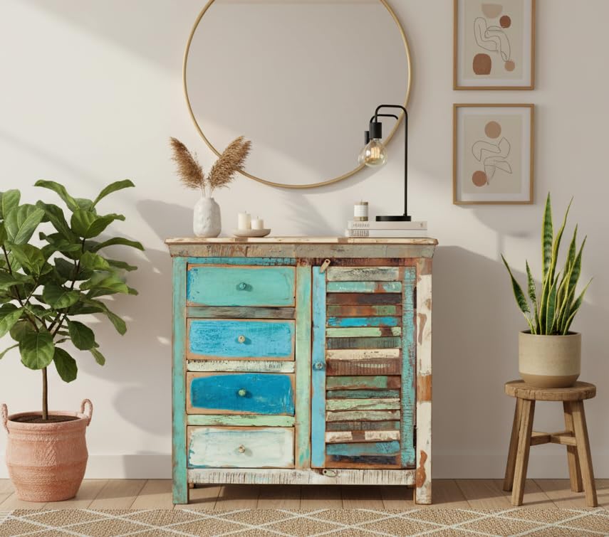 Image of Solid Wooden Vistoso 4 Drawers Chest of Drawers | Wooden Storage Cabinet | Reclaimed Wood, Finish- Multicolour Distressed