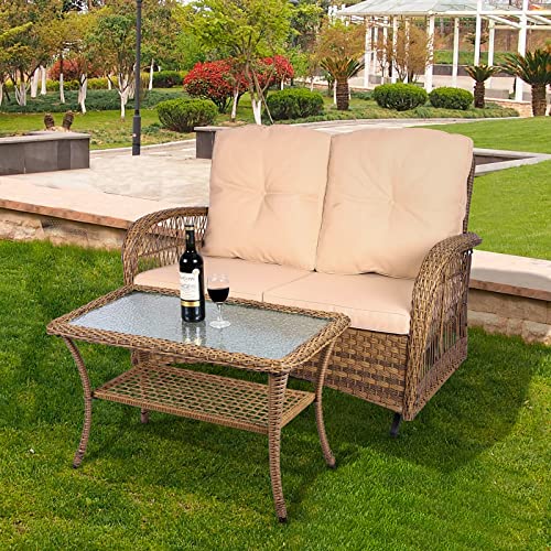 Meetwarm Outdoor Wicker Patio Glider Set With Glass-Top Coffee Table, Loveseat For 2 Person Porch Furniture Glider, Patio Glider Rocking Bench With Thickened Cushions #TOP6