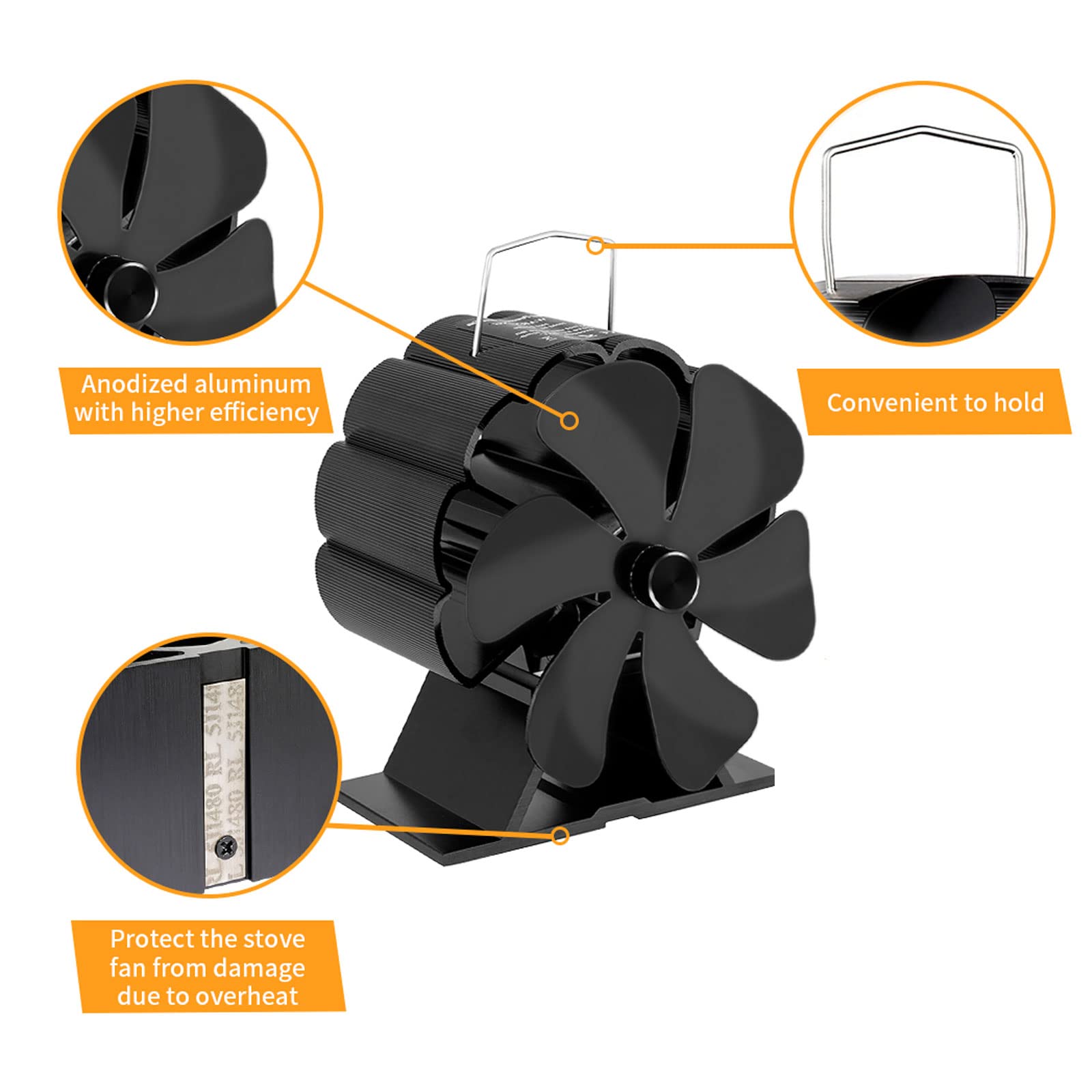 Ventilador De 6 Aspas para Estufa De Leña Negra Komin Log Wood Burner Eco Friendly Quiet Fan Home Efficient Heat Distribution